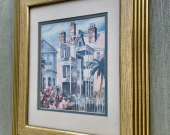Unsigned Watercolor Print . Untitled Watercolor Print . Historic South Battery Houses . Historic Charleston .