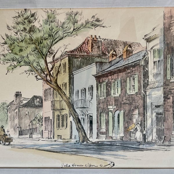 Julia Homer Wilson © . Charleston Artist . Offset Lithograph from an original Dry Point Etching and Watercolor Wash . Church Street .