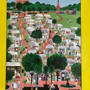 May include: A colorful illustration of an art fair in Marion Square, Charleston, South Carolina. The image shows numerous white booths with artwork, surrounded by trees and people. The text "ART IN THE SQUARE" is at the top, with "MARION SQUARE" and location details at the bottom.