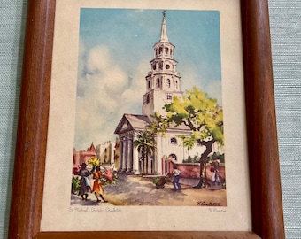 V. (Virginia) Carlton . Charleston Artist . St. Michael's Church . Print From an Original 1950's Watercolor . Signed .  Titled .