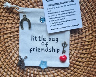 May include: A small, off-white drawstring bag with the words "little bag of friendship" printed on it. The bag is adorned with a horseshoe charm, a key charm, a heart, a star, a diamond, and an angel. A card lists the contents and their meanings.