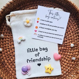 May include: A cream-colored drawstring pouch with the text 'little bag of friendship' and a black heart icon. It is decorated with small resin charms including a daisy, rainbow, balloons, heart, and star, and includes a card titled 'This little bag contains'.