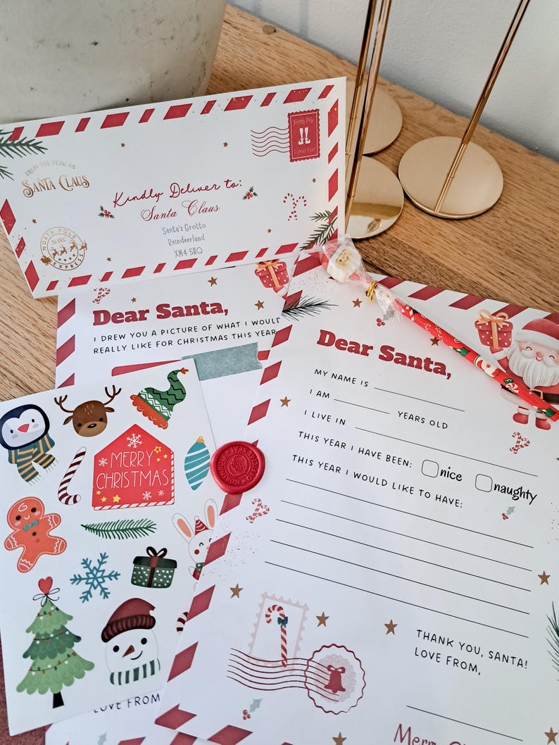 May include: A Christmas-themed stationery set featuring a letter to Santa, an envelope, and decorative stickers. The envelope reads "Kindly Deliver to: Santa Claus." The letter includes fill-in-the-blank sections and a space for a drawing. The stickers feature festive images.