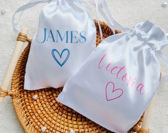 Personalised silk satin, custom drawstring pouch, reusable gift bag, favour, goody bag, keepsake, wedding, party bag, Bridesmaids box