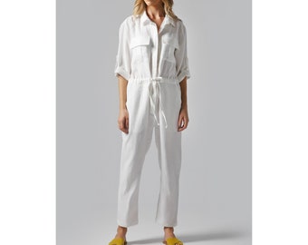 Linen Jumpsuit with chest pockets and drawstring belt