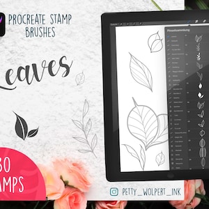 Puede incluir: Una ilustración digital de 30 sellos con forma de hojas para Procreate. La imagen muestra la pantalla de una tableta con una selección de hojas dibujadas en el lado izquierdo y una lista de los sellos en el lado derecho. El texto "Leaves" está escrito en una fuente decorativa en la parte superior de la imagen.