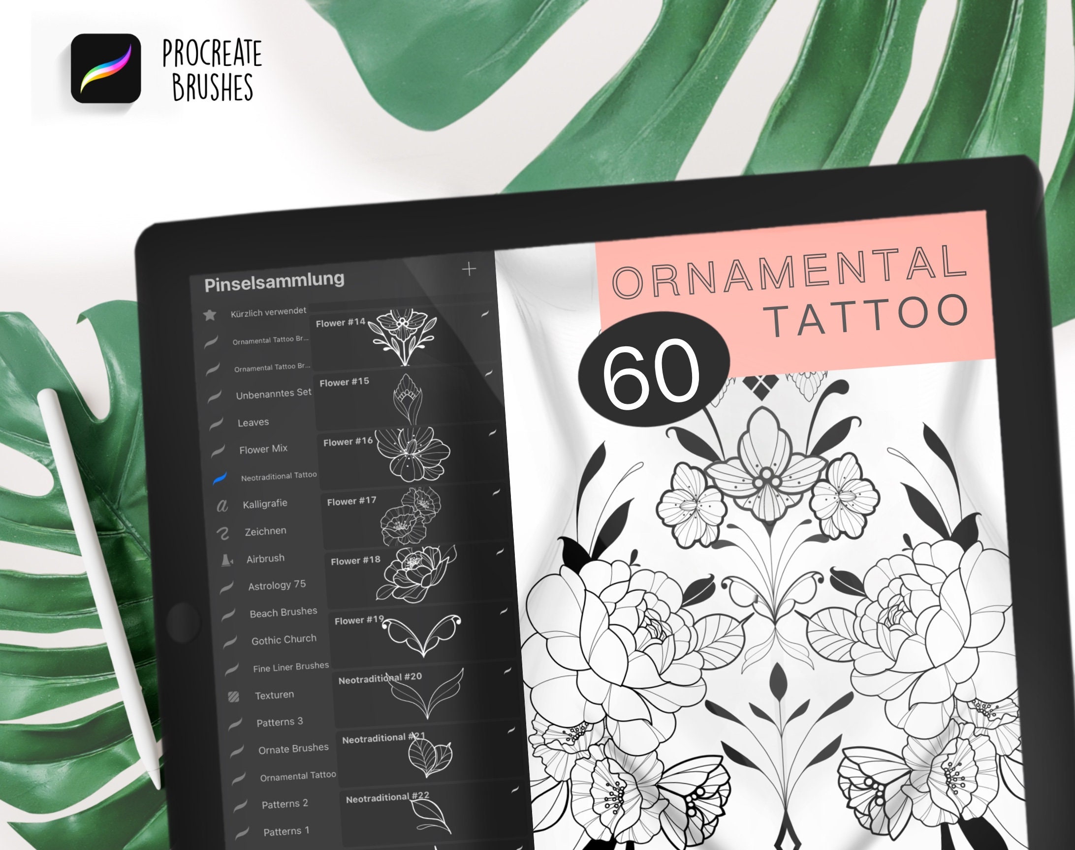 60 Neotraditionelle Flower-Tattoo-Procreate-Pinsel – Pfingstrose, Ornament, Dotwork & Fineline