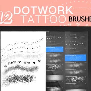 May include: A digital tablet displays a Procreate app interface showcasing 12 dotwork tattoo brushes. The screen shows various dot patterns and mandala designs. The title "DOTWORK TATTOO BRUSHES" is displayed in white text.