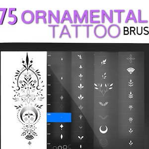 May include: A digital tablet screen displaying 75 ornamental tattoo brushes, part 1. The brushes are displayed in rows and columns, with each brush shown in a small square. The brushes are all black and white and feature a variety of designs, including floral, geometric, and abstract.