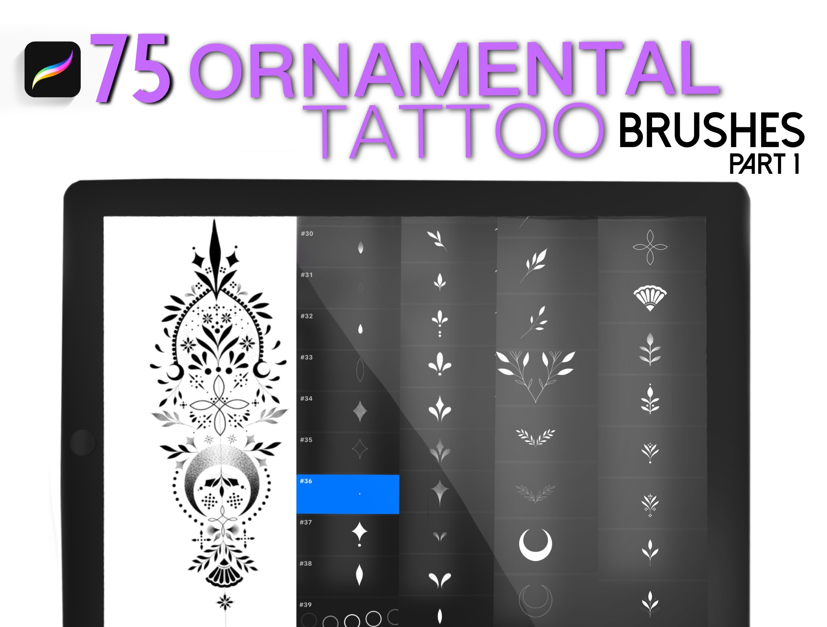 75 ornamental Procreate brush,Fineline blackwork tattoo brushes, Dots, Dotwork, ornamental ,iPad Pro, mandala, Brushes