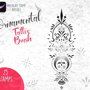 May include: A digital illustration of a black and white ornamental tattoo brush with the text "Ornamental Tattoo Brush" and "25 Stamps" in a red circle.