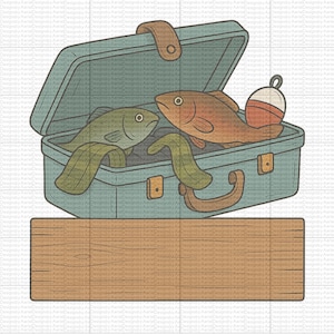 Puede incluir: Ilustración de dibujos animados de una caja de aparejos de pesca turquesa abierta, con dos peces, un flotador y un señuelo verde. Un letrero de madera está debajo.