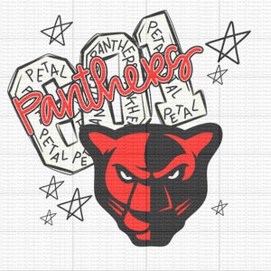 May include: A graphic design featuring the number 101 with the word Petal repeated inside the digits. The word Panthers is written in red cursive script across the center. A stylized black and red panther head sits below with hand-drawn stars.