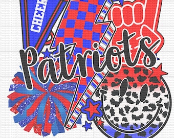 May include: A red, white, and blue graphic design with the word "Patriots" in black text. The design includes a cheerleader's pom-pom, a lightning bolt, a checkered pattern, a hand with a raised index finger, and a smiley face with a leopard print pattern.