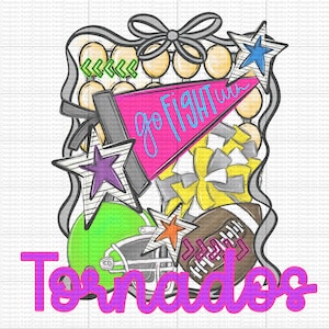 May include: A digital illustration featuring a football, helmet, pom-poms, and stars. The image includes the text "Go Fight" on a pink pennant and the word "Tornadoes" in a purple script font. The color palette includes green, yellow, and gray.