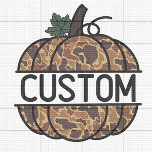May include: A brown and tan camouflage pumpkin with a green leaf stem and the word "CUSTOM" in black text.