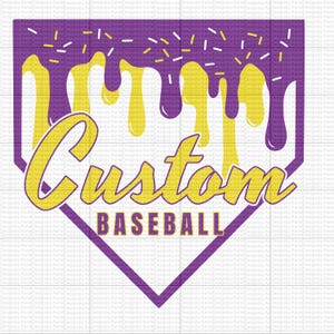 May include: A purple and yellow baseball home plate design with the words "Custom Baseball". The top of the design has a dripping effect with sprinkles. The text is in a bold, stylized font.