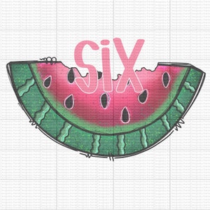 May include: A pink watermelon slice with the word "six" in pink letters on top. The watermelon has a bite taken out of it and has black seeds.