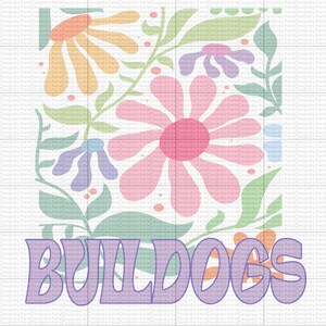 Puede incluir: Un diseño floral morado con la palabra "BULLDOGS" en texto morado.