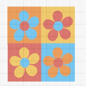 Puede incluir: Un diseño cuadrado colorido con cuatro flores estilizadas. Las flores están en un patrón repetitivo de azul, rojo, amarillo y naranja.