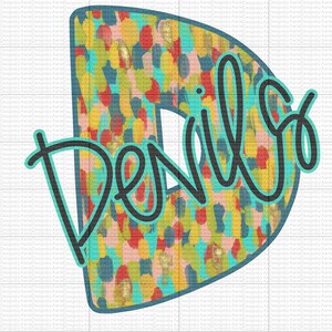 Puede incluir: Una letra D azul turquesa con un patrón abstracto colorido. La letra D está delineada en negro y la palabra "Denila" está escrita en cursiva negra sobre la letra.