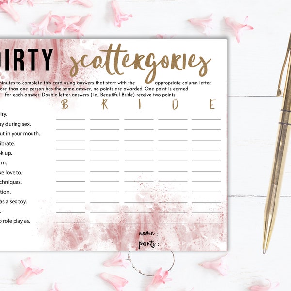 Dirty Scattergories, Bachelorette Party, Hen Party, Instant Download, Printable, Pink and Gold, Print at Home, PDF, 8.5x11, A4