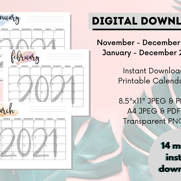 2020-2021 Printable Monthly Calendars, Watercolor, Minimalist, Month, Instant Download, JPG, PDF, 8.5x11, A4