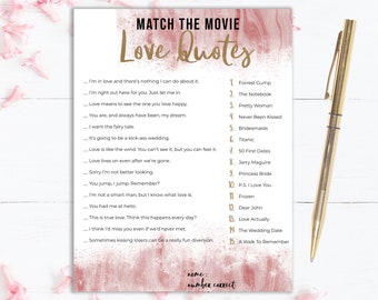 Match the Movie Love Quotes, Bachelorette Party, Hen Party, Instant Download, Printable, Pink and Gold, Print at Home, PDF, 8.5x11, A4