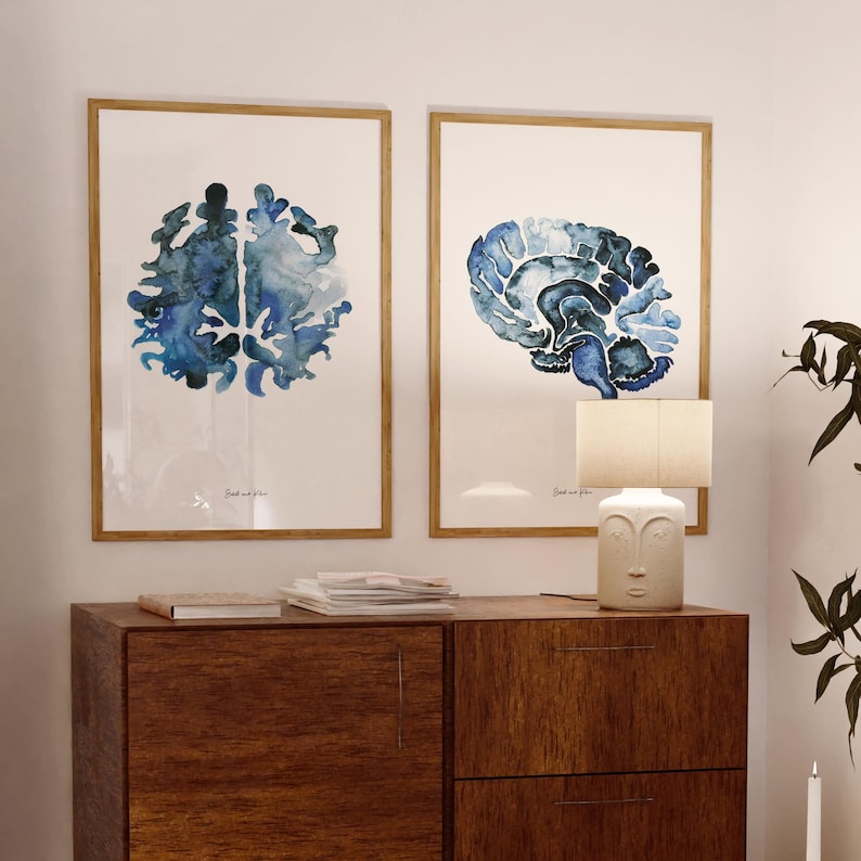 May include: Two framed watercolor paintings of a blue brain, one with a side view and one with a top view. The paintings are hanging on a white wall above a wooden dresser.