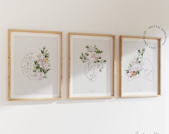 floral anatomy heart art wall art, brain office decor, minimalistic anatomy art, anatomical art lung, line art,doctor gift, digital download