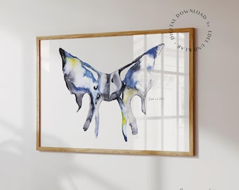 May include: A watercolour painting of a butterfly with blue, grey, and yellow hues. The butterfly is depicted in a stylised, abstract manner, with its wings spread wide. The painting is signed "Edel und Klar" in the bottom right corner.