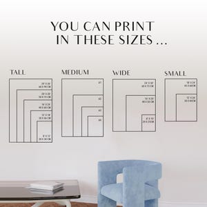 May include: A white wall with the text "YOU CAN PRINT IN THESE SIZES..." in black.  There are four boxes labeled "TALL", "MEDIUM", "WIDE", and "SMALL". Each box shows different sizes of prints in inches and centimeters.