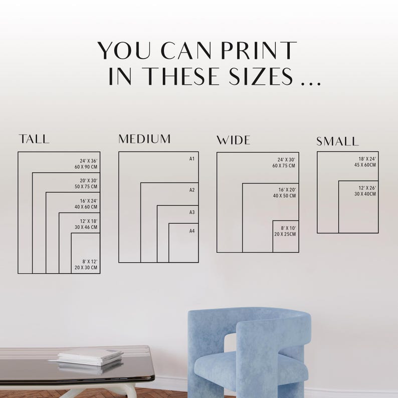 May include: A white wall with the text "YOU CAN PRINT IN THESE SIZES..." in black.  There are four boxes labeled "TALL", "MEDIUM", "WIDE", and "SMALL". Each box shows different sizes of prints in inches and centimeters.