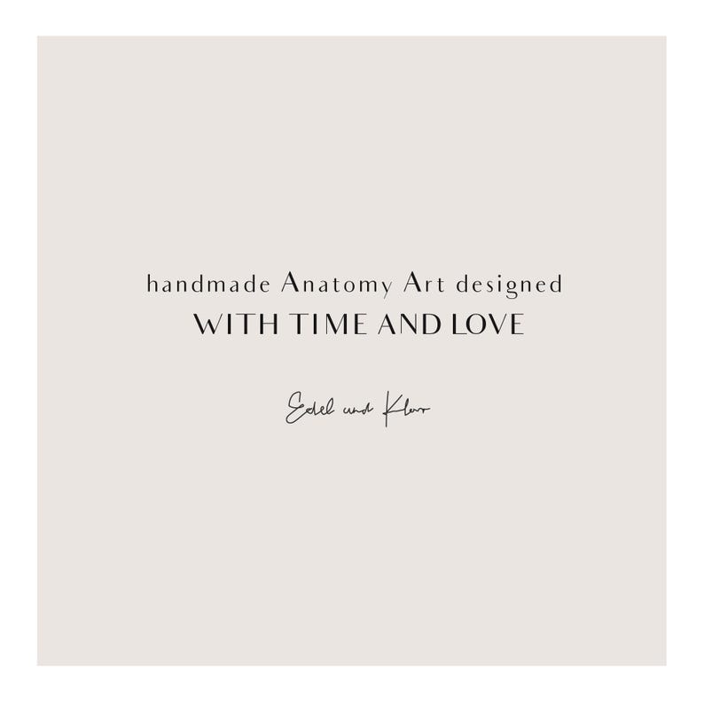 May include: A white background with black text that reads "handmade Anatomy Art designed WITH TIME AND LOVE" and a handwritten signature that reads "Edel und Klar".