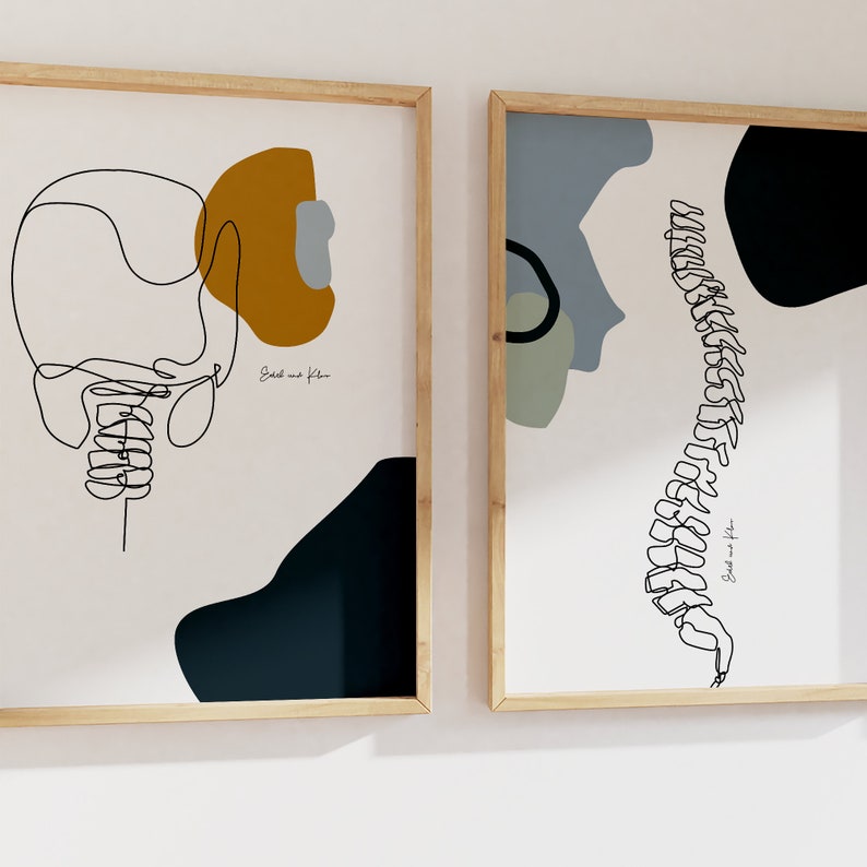 May include: Two framed illustrations of the human spine, one with the skull and neck, the other with the full spine. Both illustrations are in black and white line art with abstract shapes in blue, green, and brown.