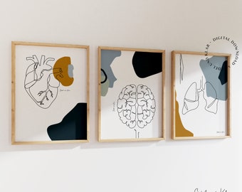 anatomical heart art wall art, brain office decor, minimalistic anatomy art set, anatomical art lung, line art,doctor gift, digital download