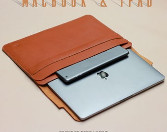 Housse pour MacBook et Ipad Pro Together | Avec piqûre à cheval, personnalisées, différentes couleurs, housses pour Macbook et Ipad en cuir au tannage végétal.