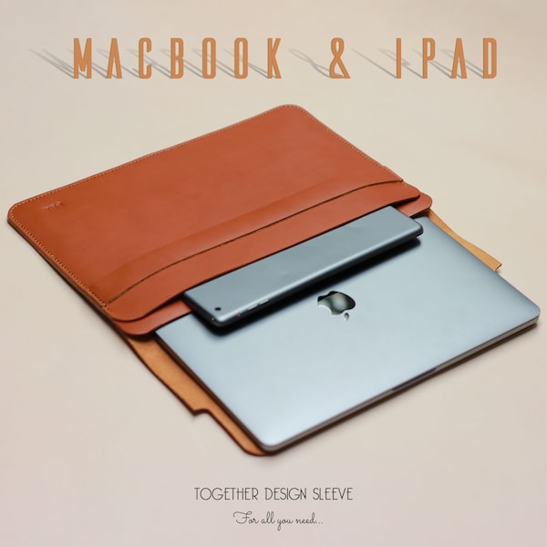 MacBook & Ipad Pro Together Sleeve | Saddle Stitched, Personalized, Various Colors, Vegetable Tanned Leather Macbook and Ipad Sleeves.