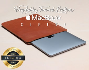 MacBook Pro & Air 13", 14", 15" or 16" Veg-Tan Full Grain Leather Sleeve, 100% Handmade. Can be personalized. Vertical (Shortside) open.