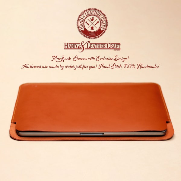 Personalizable 2023 MacBook Pro 13", 14", 15" or 16" Sleeve, Veg-Tan Leather. 100% Handmade and Saddle Stitched. Perfect Gift for Him/Her.