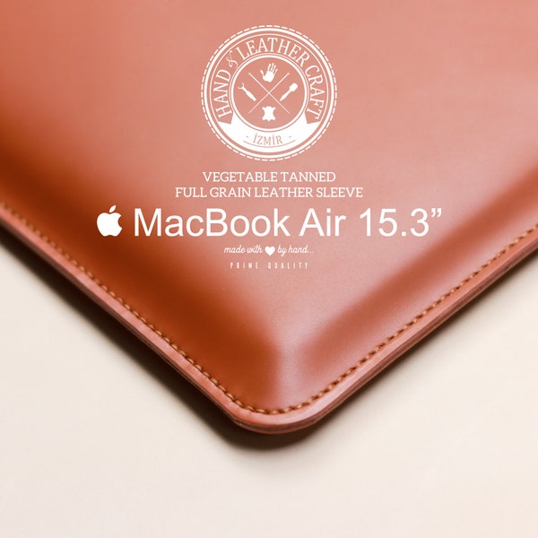 New 2024 MacBook Air M2 15.3" and 13.3" Vegetable Tanned Full Grain Leather Sleeve made with Sepici Leather. Personalizable Sleeve.