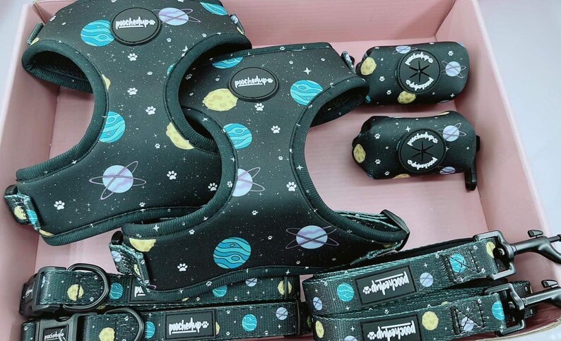 May include: A set of two black dog harnesses with a space-themed print, two matching leashes, and two poop bag holders. The harnesses and leashes feature a blue, yellow, and white planet design with a black background. The poop bag holders have a black background with a white star and planet design. The text "pouchd'up" is printed on the harnesses and leashes.