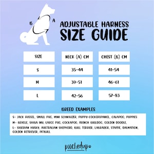 May include: A size chart for adjustable dog harnesses, showing neck and chest measurements in centimeters for small, medium, and large sizes. Breed examples are listed for each size.