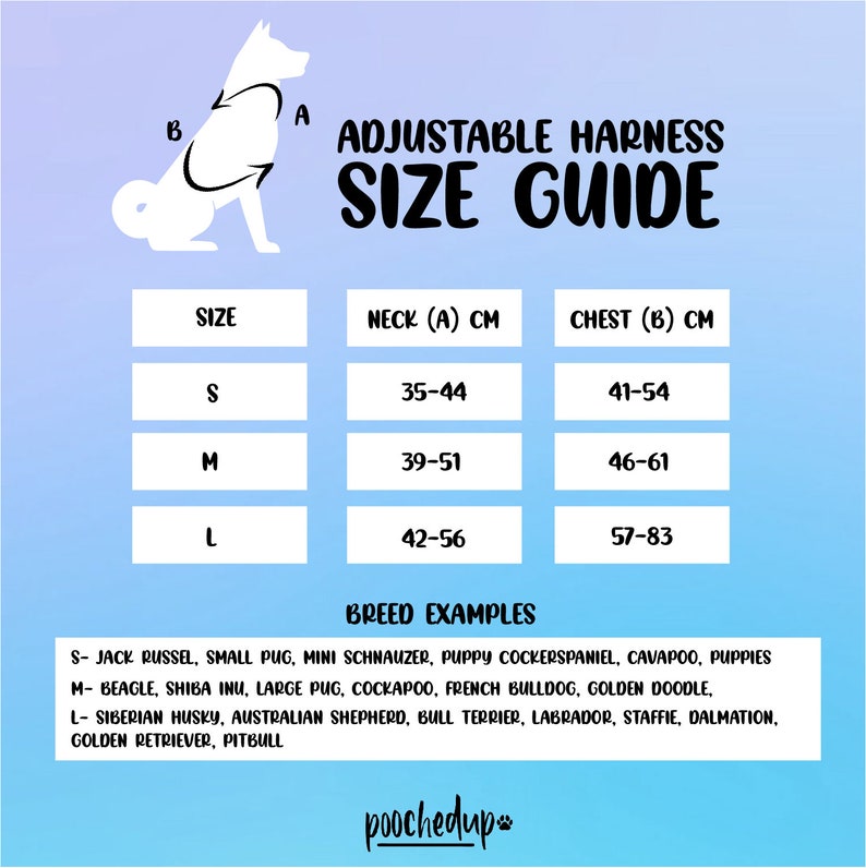 May include: A size chart for adjustable dog harnesses, showing neck and chest measurements in centimeters for small, medium, and large sizes. Breed examples are listed for each size.
