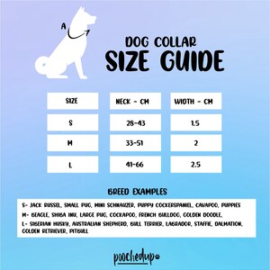 May include: A chart with a dog collar size guide. The chart shows the neck size in inches and the width in inches for small, medium, and large dog collars. The chart also includes breed examples for each size.
