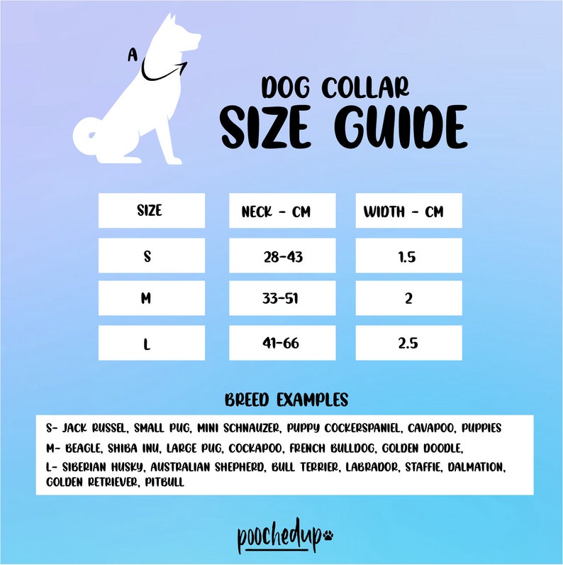 May include: A chart with a dog collar size guide. The chart shows the neck size in inches and the width in inches for small, medium, and large dog collars. The chart also includes breed examples for each size.