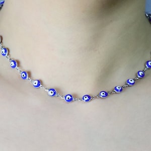Blue Evil Eye Necklace, Stainless Steel Beaded Satellite Chain, Protection Jewelry