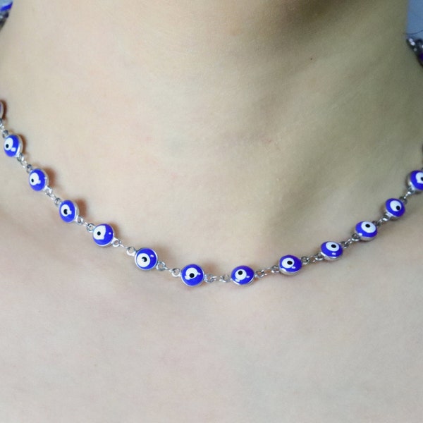 Blue Evil Eye Protection Necklace, Stainless Steel Beaded Chain, No Tarnish Jewelry