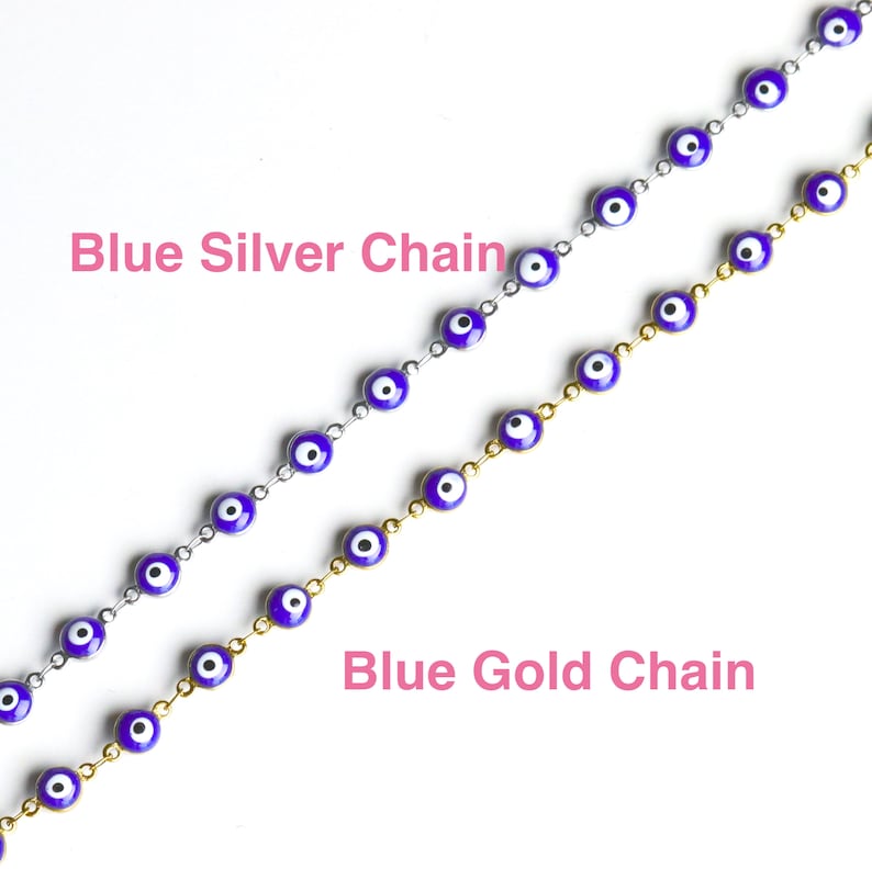 May include: Two necklaces with blue evil eye charms. One necklace has a silver chain and the other has a gold chain. The text "Blue Silver Chain" is above the silver chain necklace and the text "Blue Gold Chain" is below the gold chain necklace.