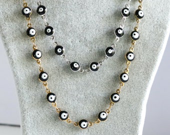 Black Evil Eye Beaded Necklace – Stainless Steel Non-Tarnish Chain, Protection Jewelry